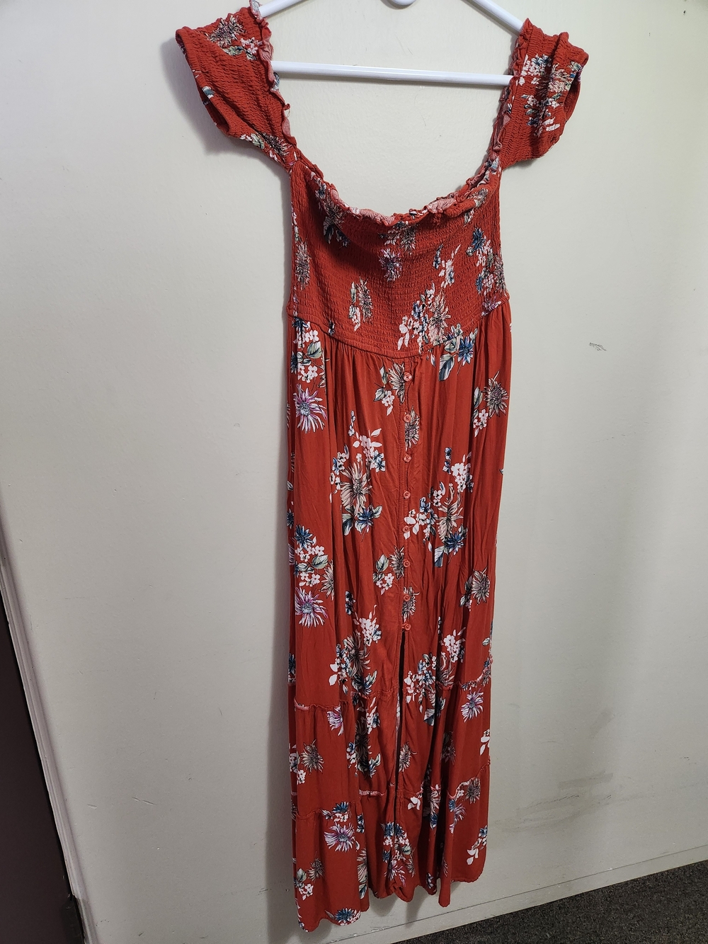 Rust Floral Maxi Dress with Smocked Bodice M Medium